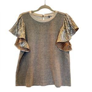 NWT THML Taupe Velvet Ribbed Top With Metallic Pleated Flutter Sleeve